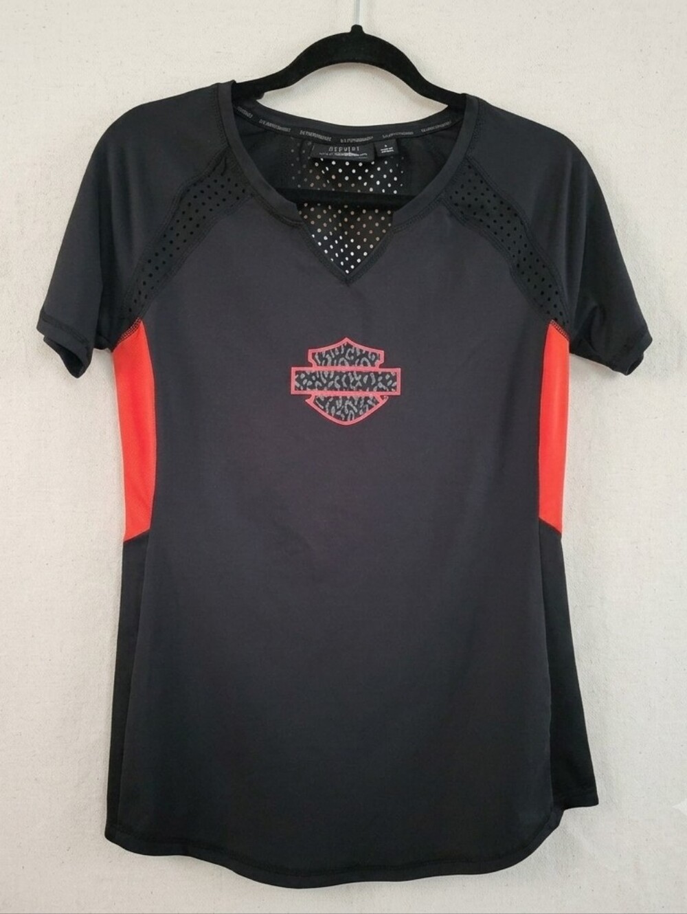 Harley-Davidson Womens Short Sleeve Henley Mesh Back Knit Black 96824-19VW Small